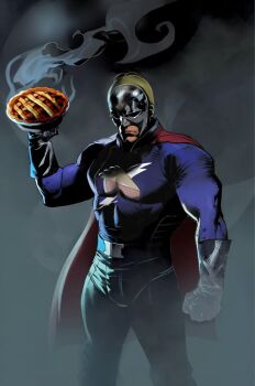 bald belt black_background blue_bodysuit bodysuit cape character_request clenched_hand curi_(meme) derivative_work fog food gloves holding holding_food homer_simpson masked masked_male muscular muscular_male peacemaker_(dc) pie pie_man_(the_simpsons) red_cape serious skin_tight superhero_costume the_simpsons underwear white_gloves