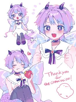 Rule 34 | + +, 1girl, animal ears, apple, bare shoulders, blush, bow, butterfly wings, clenched hands, closed mouth, commentary, commission, dragon ears, dragon girl, dragon horns, dragon tail, dragon wings, dress, eating, english commentary, fairy, fairy wings, fang, fins, flat chest, food, food on face, fruit, happy, head fins, highres, hiro 0607, holding, holding food, horns, insect wings, laffy (oc), looking at viewer, multiple views, non-web source, open mouth, original, petite, purple eyes, purple hair, purple ribbon, purple thighhighs, ribbon, short hair, short sleeves, simple background, sitting, smile, sparkling eyes, tail, thighhighs, white dress, wings