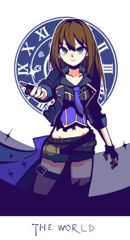 &gt;:) 1girl black_jacket black_shorts blue_necktie breasts brown_hair brown_thighhighs cleavage closed_mouth collarbone commentary_request cropped_jacket fishnet_gloves fishnets gloves green_eyes groin hair_between_eyes highres idolmaster idolmaster_cinderella_girls idolmaster_cinderella_girls_starlight_stage jacket kawamochi_(kawauti919) long_hair long_sleeves looking_at_viewer medium_breasts navel necktie open_clothes open_jacket partially_fingerless_gloves roman_numeral shibuya_rin shorts simple_background smile solo thighhighs v-shaped_eyebrows white_background