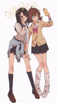 2girls black_hair black_skirt black_socks blue_eyes blue_necktie blue_sweater bow bowtie bracelet breasts brown_eyes brown_hair brown_shoes cardigan clothes_around_waist collared_shirt cowlick final_fantasy final_fantasy_viii full_body highres holding holding_phone jewelry light_blush loafers locked_arms long_hair loose_socks medium_breasts multiple_girls nail_polish necktie nzeneee phone pleated_skirt red_bow red_bowtie rinoa_heartilly school_uniform scrunchie selfie selphie_tilmitt shirt shoes short_hair skirt sleeves_rolled_up smile sneakers socks sweater sweater_around_waist taking_picture white_background white_shirt white_shoes white_socks wrist_scrunchie yellow_cardigan