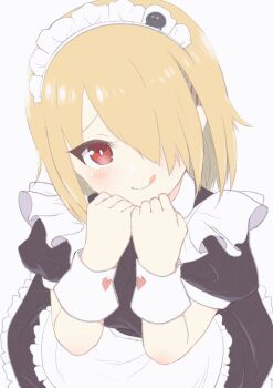 1girl :q absurdres alternate_costume apron black_dress blush bright_pupils clenched_hands closed_mouth commentary_request cowboy_shot dress enmaided frilled_apron frills hair_ornament hair_over_one_eye hairclip hands_up heart heart_print heaven_burns_red highres kayamori_ruka long_bangs looking_at_viewer maid maid_apron maid_headdress medium_hair narby_(heaven_burns_red) one_eye_closed parallel_hairclips puffy_short_sleeves puffy_sleeves raimuminnt red_eyes short_sleeves simple_background smile solo teheperinko_(heaven_burns_red) tehepero tongue tongue_out upturned_eyes white_apron white_background white_pupils