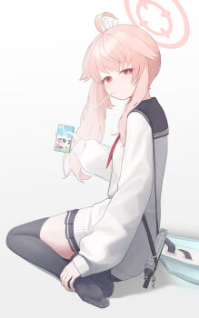1girl absurdres ahoge black_thighhighs blue_archive cardigan drink_carton halo highres holding holding_milk_carton kabanoki long_hair long_sleeves looking_at_viewer milk_carton natsu_(blue_archive) pink_hair pink_halo pleated_skirt red_eyes sailor_collar school_uniform side_ponytail simple_background skirt solo thighhighs white_background
