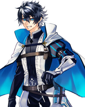 Rule 34 | 1boy, arm guards, armor, black gloves, black hair, blue eyes, cape, charlemagne (fate), commentary request, cowboy shot, double-parted bangs, fate/extella, fate/extella link, fate/extra, fate (series), gloves, grin, hair between eyes, highres, lll15u18, long hair, long sleeves, looking at viewer, male focus, multicolored hair, multiple boys, parted lips, puffy long sleeves, puffy sleeves, shirt, short hair, simple background, smile, solo, streaked hair, sword, two-tone hair, upper body, weapon, white background, white cape, white hair
