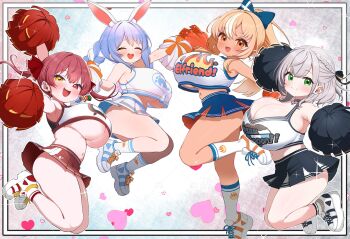 4girls :d aged_down alternate_breast_size alternate_costume armpits arms_up bare_shoulders black_skirt blonde_hair blue_bow blue_hair blue_skirt blush border bouncing_breasts bow braid braided_ponytail breasts bursting_breasts cheerleader choker cleavage closed_eyes closed_mouth crop_top crop_top_overhang curvy dark-skinned_female dark_skin elf english_text facing_to_the_side facing_viewer female_focus frilled_skirt frills full_body green_eyes hair_bow hair_ribbon hands_up heart heart_background heterochromia highres hololive houshou_marine huge_breasts jumping kani_bonara large_breasts light_blush long_hair looking_at_viewer medium_hair midriff multiple_girls navel no_bra no_panties one_leg_raised open_mouth orange_eyes outside_border pleated_skirt pointy_ears pom_pom_(cheerleading) ponytail rabbit_ears rabbit_girl red_eyes red_hair red_skirt revealing_clothes ribbon shiranui_flare shirogane_noel shirt shoes sideboob sidelocks skirt sleeveless sleeveless_shirt smile sneakers socks sparkle sparkle_background standing standing_on_one_leg suspender_skirt suspenders teeth thick_eyebrows thick_thighs thighs tight_clothes twintails underboob upper_teeth_only usada_pekora virtual_youtuber white_background white_footwear white_hair white_shirt white_skirt white_socks yellow_eyes