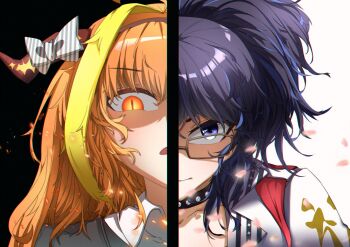 Rule 34 | 2girls, ahoge, black hair, blonde hair, blue eyes, bow, choker, commentary, diagonal-striped bow, dragon girl, dragon horns, english commentary, glasses, highres, hololive, horn bow, horn ornament, horns, indie virtual youtuber, jacket, kiryu coco, kson, long hair, looking at viewer, multicolored hair, multiple girls, orange eyes, orange hair, ponytail, slit pupils, souchou, streaked hair, striped bow, tetsunana, virtual youtuber