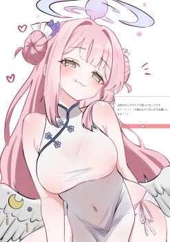 1girl :3 blue_archive blush breasts china_dress chinese_clothes covered_navel double_bun dress feathered_wings hair_bun hair_ornament halo japanese_text large_breasts long_hair low_wings mandarin_collar mika_(blue_archive) musama_universe panties pelvic_curtain pink_hair request_inset side-tie_panties sleeveless sleeveless_dress smile solo striped_clothes striped_panties underwear white_dress white_wings wing_ornament wings yellow_eyes