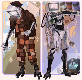 1other alternate_costume android anessthetic border brown_jacket brown_scarf cable exposed_internal_machinery full_body hat heart heart_sticker highres holding holding_leaf jacket leaf mechabare microsoft_paint_(software) multiple_views object_head outdoors outside_border paint_splatter painter_(pressure) pants plaid_clothes plaid_pants pressure_(roblox) scarf sebastian_solace smile standing sticker television walking white_border