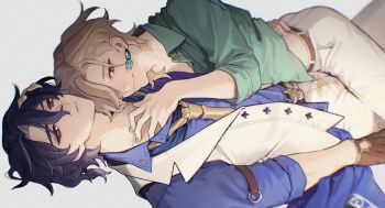 2boys aqua_nails aqua_shirt aventurine_(honkai:_star_rail) belt black_belt blonde_hair blue_eyes blue_shirt brown_belt brown_gloves closed_mouth collarbone collared_shirt commentary_request cowboy_shot dr._ratio_(honkai:_star_rail) dr._ratio_(star_rail_live_2025)_(honkai:_star_rail) earrings fingernails gloves gsnleah8 hair_between_eyes half-closed_eyes hand_around_waist hand_on_another's_chest highres honkai:_star_rail honkai_(series) jewelry lapels laurel_crown long_sleeves looking_at_viewer lying male_focus multicolored_eyes multiple_boys nail_polish neck_tattoo necktie official_alternate_costume on_back open_clothes open_vest pants purple_eyes purple_hair red_eyes shirt short_hair simple_background single_earring smile tattoo teeth vest white_background white_pants white_vest yaoi yellow_necktie