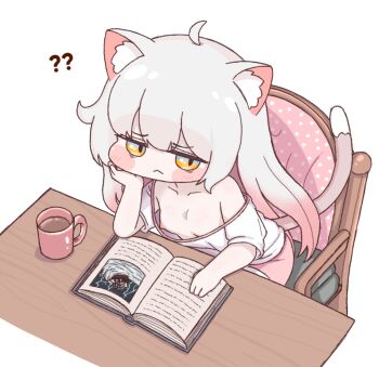 1girl :< ahoge animal_ears blush_stickers book breasts cat_ears cat_girl cat_tail chair chibi chibi_only closed_mouth coffee coffee_mug collarbone commentary_request cup dolphin_shorts downblouse fewer_digits from_above gradient_hair grey_hair jitome kommy_(trickcal) korean_commentary long_hair mug multicolored_hair nipple_slip nipples off_shoulder open_book pink_hair pink_shorts shirt shorts simple_background single_bare_shoulder siruyang sitting small_breasts solo t-shirt table tail trickcal white_background white_shirt yellow_eyes
