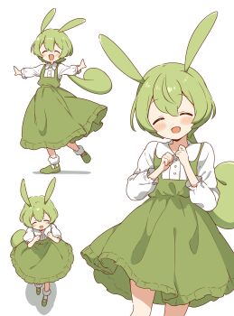 1girl :d absurdres animal_ears blush closed_eyes collared_shirt dress facing_viewer frilled_dress frills green_footwear green_hair hands_up head_tilt highres long_hair long_sleeves low-tied_long_hair multiple_views ojou-sama_zundamon open_mouth outstretched_arms pinafore_dress pleated_dress rabbit_ears rabbit_girl shadow shirt shoes sleeveless sleeveless_dress smile socks voicevox white_background white_shirt white_socks zundamon zungurimukkuri_tarou