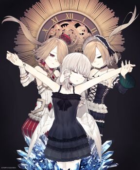 3girls absurdres black_background black_dress clock closed_eyes cowboy_shot crown crystar dress goth_fashion hair_over_one_eye hatada_rei highres ice lifting_person maid maid_headdress mephis_(crystar) mini_crown multiple_girls official_art pheles_(crystar) riuichi round_eyewear second-party_source