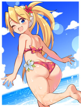 1girl arms_at_sides ass bikini blonde_hair blue_eyes blue_sky blush capcom ciel_(mega_man) cloud cougar_(cougar1404) female_focus flower hair_between_eyes hair_flower hair_ornament looking_at_viewer looking_back mega_man_(series) mega_man_zero_(series) one_eye_closed one_leg_raised open_mouth outdoors pink_bikini polka_dot polka_dot_swimsuit ponytail sky soles solo splashing standing swimsuit water