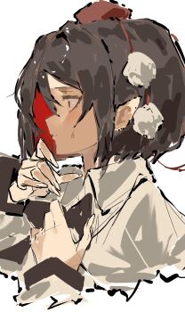 1girl black_bow black_bowtie bow bowtie brown_hair collared_shirt colored_inner_hair commentary from_side hands_up hat highres long_sleeves medium_hair multicolored_hair parted_lips po_(anhk5528) pointy_ears pom_pom_(clothes) red_eyes red_hair shameimaru_aya shirt solo surprised sweatdrop tokin_hat touhou two-tone_hair upper_body white_background white_shirt