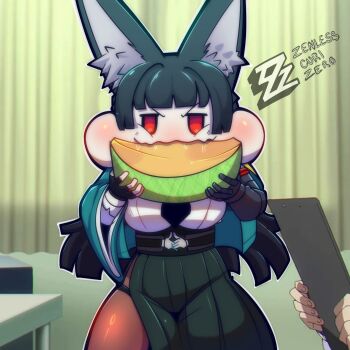 1girl animal_ears belt black_hair eating food fruit hoshimi_miyabi long_hair melon meme red_eyes skirt zenless_zone_zero