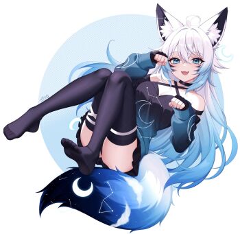 1girl :3 ahoge animal_ears ass bare_shoulders black_choker black_gloves black_panties black_shirt black_skirt black_thighhighs blue_eyes blue_hair choker commission criss-cross_halter facial_mark fingerless_gloves fox_ears fox_girl fox_tail gloves gradient_clothes gradient_hair gradient_shirt halterneck highres kiyochii legs_up long_hair long_sleeves looking_at_viewer miniskirt multicolored_hair no_shoes open_mouth original panties pantyshot paw_pose shirt simple_background skirt smile solo tail thighhighs toes two-tone_hair underwear very_long_hair white_background white_hair