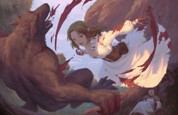1boy 2girls belt_pouch bigrbear blood blood_on_clothes blood_on_hands blood_splatter blood_spray blue_sky boots bracelet breasts brown_corset brown_shawl cleavage collarbone corset dress fangs forest glowing glowing_eye gold_bracelet green_hair highres injury jewelry long_hair looking_at_another lower_teeth_only medium_hair multiple_girls nature open_mouth ophelia_(bigrbear) original outdoors pointy_ears pouch red_eyes red_hair shawl sky small_breasts teeth torn_clothes torn_dress vampire werewolf white_dress