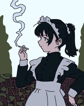 1girl apron black_dress black_hair cigarette commentary dress english_commentary glasses gosari_draw holding holding_cigarette long_sleeves maid maid_apron maid_headdress original ponytail profile smoke smoking solo white_apron