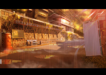 absurdres bench building commentary_request evening glint highres japanese_cylindrical_postbox letterboxed no_humans original outdoors postbox_(outgoing_mail) power_lines rain road scenery sumassha_t_t sunlight utility_pole