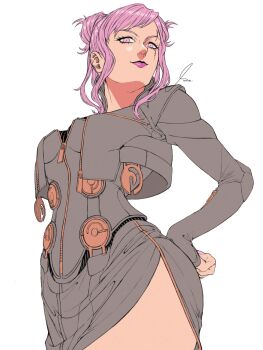 1girl argilla artist_name bad_id bad_twitter_id digital_devil_saga dress grey_dress hair_bun hand_on_own_hip highres long_sleeves looking_at_viewer open_clothes open_dress pink_eyes pink_hair pink_lips pink_nails s_ir_s scar scar_across_eye scar_on_face side_slit simple_background solo thighs white_background zipper_pull_tab