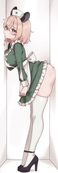 1girl against_wall ass ass_press black_shoes blush breast_press breasts brown_hair dress from_side full_body green_dress green_eyes hat high_heels highres indie_virtual_youtuber large_breasts leaning_forward looking_at_viewer moshiedraws nimi_nightmare nurse nurse_cap pout shoes skirt skirt_tug solo thighhighs virtual_youtuber white_thighhighs
