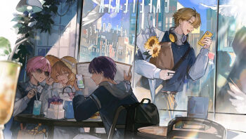 2boys 2girls ^_^ adjusting_eyewear backpack bag black_bag brown_eyes brown_hair cake cellphone closed_eyes commentary_request cup day drink drinking_glass flower folded_umbrella food fushimi_gaku fushimi_gaku_(10th_costume) happy_trigger_(nijisanji) hat headphones headphones_around_neck highres holding holding_menu holding_phone ienaga_mugi jewelry kenmochi_touya menu multiple_boys multiple_girls nijisanji phone pink_hair purple_hair ring straw_hat strawberry_cake sunflower sunglasses tsuta1218 umbrella virtual_youtuber yellow_flower yuuhi_riri