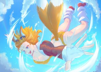 1girl above_clouds ahoge animal_ear_fluff animal_ears antenna_hair aqua_eyes ass ass_blush bikini blonde_hair blue_background blue_eyes blue_sky blush body_blush bra breasts bright_background brown_jacket butt_crack cleavage cloud cloudy_sky collared_jacket colored_skin commentary cropped_jacket dynamic_pose english_commentary falling fingerless_gloves flying fox_ears fox_tail fur-trimmed_jacket fur_trim furry furry_female genderswap gloves gluteal_fold goggles goggles_on_head happy highres humanization jacket kneehighs large_ears large_tail lialiar1 light_blush lingerie loose_socks medium_breasts millie_tails_prower multiple_tails nose_blush open_clothes open_jacket open_mouth partially_fingerless_gloves red_shoes shoes short_hair simple_background sky socks sonic_(series) sun sunlight swimsuit tail tails_(sonic) teeth thick_thighs thighs thong thong_bikini two_tails underwear upper_teeth_only white_fur white_gloves white_socks wind yellow_bikini yellow_tail