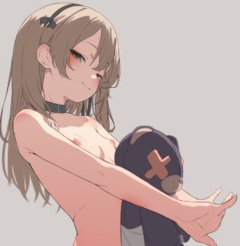 1girl absurdres blush boko_(girls_und_panzer) choker commentary_request flat_chest girls_und_panzer grey_eyes grey_hair highres loli long_hair looking_at_viewer nude osanai_sanday shimada_arisu smile solo stretching stuffed_animal stuffed_toy teddy_bear upper_body