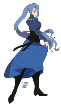 1girl absurdres artist_logo artist_name blue_hair boots commentary commission dated double-parted_bangs dress eiyuu_densetsu english_commentary floating_hair fsnowzombie full_body hair_between_eyes high_heel_boots high_heels highres kazanari_tsubasa laura_s._arseid logo long_hair long_sleeves looking_at_viewer one_eye_closed one_side_up ponytail ribbed_sweater second-party_source sen_no_kiseki_(series) senki_zesshou_symphogear simple_background smile solo sweater tachi-e turtleneck turtleneck_sweater very_long_hair white_background