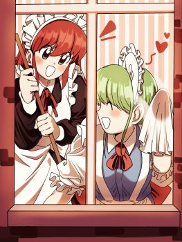 2girls :d ^_^ apron black_dress blue_dress blush broom brown_eyes cleaning cleaning_windows closed_eyes collared_dress commentary_request crossover dress from_outside green_hair heart highres holding holding_broom holding_cloth long_hair long_sleeves looking_at_another maid maid_headdress multiple_girls neck_ribbon notice_lines open_mouth puffy_long_sleeves puffy_short_sleeves puffy_sleeves red_hair red_ribbon ribbon ruukoto seihou short_sleeves smile spoken_heart touhou touhou_(pc-98) turtle-kun vivit white_apron window