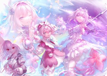 4girls ;) absurdres aqua_eyes bare_shoulders black_dress breasts castorice_(honkai:_star_rail) commentary_request cyrene_(demiurge)_(honkai:_star_rail) cyrene_(honkai:_star_rail) diamond-shaped_pupils diamond_(shape) dress evernight_(honkai:_star_rail) flower hair_flower hair_ornament highres holding holding_scythe holding_staff honkai:_star_rail honkai_(series) hyacine_(honkai:_star_rail) little_ica_(honkai:_star_rail) long_hair looking_at_viewer march_7th_(honkai:_star_rail) medium_breasts medium_hair miton_(vvse5752) multiple_girls one_eye_closed pink_hair purple_eyes purple_hair red_dress red_hair scythe smile staff symbol-shaped_pupils tiara twintails very_long_hair white_dress