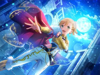 1girl :d alternate_hairstyle armor cape colonnade column constellation daiba_nana dutch_angle earrings fang full_moon fur_trim game_cg gold_armor gold_trim greaves green_eyes jewelry leo_(constellation) leo_(symbol) looking_at_viewer moon night official_art open_mouth orange_hair pants pants_tucked_in pillar ponytail red_cape ring shoujo_kageki_revue_starlight shoujo_kageki_revue_starlight_-re_live- smile solo standing vambraces white_pants