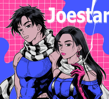1boy 1girl balcony battle_tendency black_eyes breasts cigarette commentary_request covered_abs earrings gloves hair_behind_ear head_tilt hokkyoku_(uuunnoo2) holding holding_cigarette hoop_earrings jewelry jojo_no_kimyou_na_bouken joseph_joestar joseph_joestar_(young) large_breasts large_pectorals lisa_lisa mother_and_son off-shoulder_shirt off_shoulder pectorals pink_gloves pink_lips scarf shirt smoke strapless strapless_shirt striped_clothes striped_shirt white_scarf