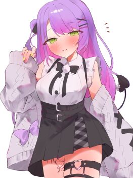 1girl absurdres black_skirt closed_mouth colored_inner_hair commentary_request demon_girl demon_tail green_eyes hair_ornament hairpin heart heart_o-ring highres hololive jacket multicolored_hair multicolored_nails nail_polish o-ring o-ring_thigh_strap official_alternate_costume piercing pink_hair pink_nails purple_hair shirt skirt solo tail tail_ornament tail_piercing tepenchi thigh_strap tokoyami_towa tokoyami_towa_(jirai_kei) virtual_youtuber white_background white_jacket white_shirt x_hair_ornament yellow_nails