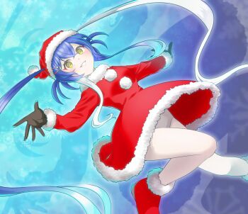 1girl black_gloves blue_hair blush breasts commentary_request dress duel_monster fur-trimmed_dress fur-trimmed_shoes fur-trimmed_sleeves fur_trim gloves hair_between_eyes hat highres kewl_tune_cue p-b-c_(dark_matter_kakine) pom_pom_(clothes) red_hat santa_costume santa_hat solo tagme twintails yellow_eyes yu-gi-oh!