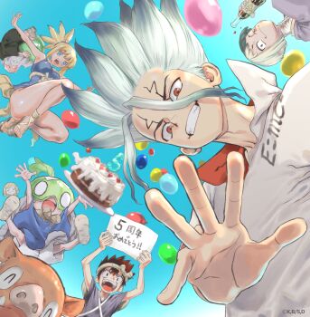 1other 2girls 4boys anniversary asagiri_gen asymmetrical_hair balloon birthday_cake black_hair blonde_hair blue_dress blue_eyes bottle breasts brown_hair cake chrome_(dr._stone) cola dr._stone dress e=mc2_(equation) facial_mark falling food francois_(dr._stone) glasses grey_hair grin happy_birthday highres holding holding_bottle holding_plate holding_sign ishigami_senkuu iwasa_yuuko kaseki_(dr._stone) kohaku_(dr._stone) long_hair looking_at_viewer multicolored_hair multiple_boys multiple_girls official_art open_mouth plate ponytail red_eyes sandals sign smile spiked_hair suika_(dr.stone) teeth two-tone_hair white_hair