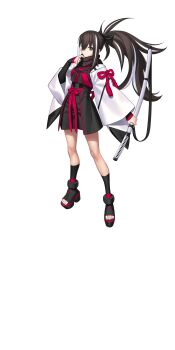 1girl black_ribbon black_scarf black_shoes black_shorts black_socks brown_eyes brown_hair fate/grand_order fate_(series) full_body hair_ribbon haori highres holding holding_sword holding_weapon japanese_clothes katana kawakami_gensai_(fate) kawakami_gensai_(first_ascension)_(fate) large_variant_set long_hair looking_at_viewer multicolored_hair official_art ponytail red_ribbon ribbon scarf shirt shoes shorts socks solo standing streaked_hair sword tachi-e takeuchi_takashi third-party_source transparent_background two-tone_hair variant_set weapon white_hair white_haori