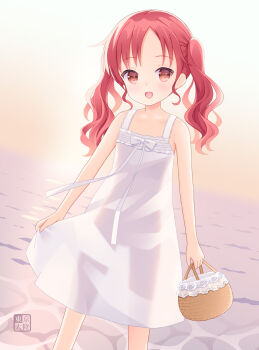 1girl :d bare_arms bare_shoulders basket blush bow brown_eyes dress gochuumon_wa_usagi_desu_ka? highres holding holding_basket kurasawa_kyoushou long_hair looking_at_viewer natsu_megumi open_mouth outdoors parted_bangs red_eyes red_hair see-through_clothes see-through_silhouette skirt_hold sleeveless sleeveless_dress smile solo sundress twintails water white_bow white_dress