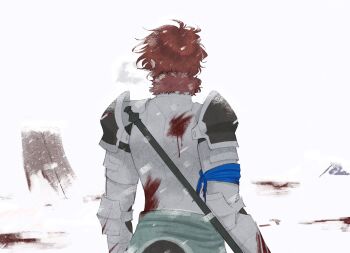 Rule 34 | 1boy, armor, bandana, bandana around arm, battlefield, blood, blood on armor, blood on ground, blue bandana, breath, commentary, cowboy shot, english commentary, fire emblem, fire emblem: three houses, floating hair, from behind, fur-trimmed collar, fur trim, gauntlets, highres, holding, holding polearm, holding weapon, male focus, nintendo, outdoors, pauldrons, polearm, red fur, red hair, short hair, shoulder armor, snow, solo, spectralsoups, sylvain jose gautier, sylvain jose gautier (timeskip), weapon, winter