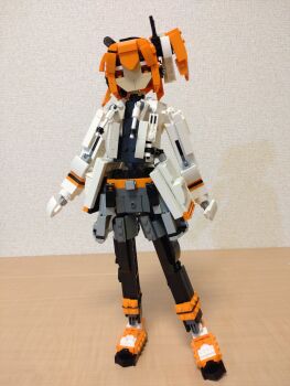 Rule 34 | 1girl, a.i. voice, adachi rei, belt, belt buckle, black leggings, black shirt, buckle, choroli (chorolin), full body, gloves, grey shorts, hair ribbon, headlamp, highres, jacket, leggings, lego (medium), long sleeves, looking at viewer, medium hair, one side up, open clothes, open jacket, orange belt, orange eyes, orange hair, orange shoes, radio antenna, ribbon, shirt, shoes, shorts, solo, standing, unconventional media, utau, white gloves, white jacket, white ribbon