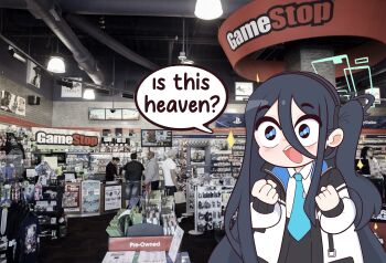 1girl :d aqua_halo aris_(blue_archive) black_skirt blue_archive blue_necktie blush ceiling_light chigyudoomer clenched_hands coat commentary english_commentary english_text gamestop hair_between_eyes halo highres indoors long_hair long_hair_between_eyes long_sleeves necktie one_side_up open_clothes open_coat open_mouth photo_background rectangular_halo shirt shop skirt smile solo_focus sparkle speech_bubble standing tie_clip two-sided_coat two-sided_fabric upper_body very_long_hair white_coat white_shirt wing_collar