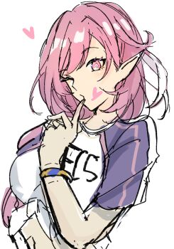 1girl ;) breasts clothes_writing commentary_request diamond-shaped_pupils diamond_(shape) elf elysia_(herrscher_of_human:_ego)_(honkai_impact) elysia_(honkai_impact) elysia_(summer_2024)_(honkai_impact) gonnbe_fofo highres honkai_(series) honkai_impact_3rd large_breasts long_hair multicolored_hair official_alternate_costume one_eye_closed pink_hair pointy_ears purple_eyes purple_shirt shirt simple_background smile solo symbol-shaped_pupils two-tone_hair two-tone_shirt upper_body very_long_hair white_background white_hair white_shirt