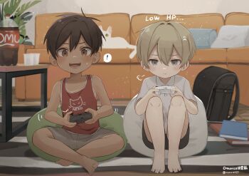 ! 2boys absurdres bag bare_legs bare_shoulders barefoot black_hair blonde_hair book bottle cat child commentary_request controller couch cup dark-skinned_male dark_skin disposable_cup english_text feet futon game_controller highres holding holding_controller holding_game_controller indoors looking_at_viewer male_focus multiple_boys notebook omurice_(roza4957) open_mouth original pillow pout red_shirt rug school_bag shirt short_hair short_sleeves shorts soda_bottle spoken_exclamation_mark table tank_top teeth toes