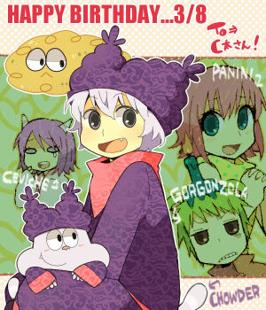 2boys 2girls animification bad_id bad_pixiv_id ceviche_(chowder) chowder chowder_(character) dual_persona fang gorgonzola gorgonzola_(chowder) hat kimchi_(character) multiple_boys multiple_girls panini_(chowder) personification tsunoji