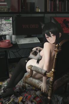 1girl absurdres among_us animal_ear_fluff animal_ears ass bare_shoulders black_hair black_thighhighs blush book bookshelf breasts cat cat_ears cat_girl chair computer computer_keyboard dark_souls_(series) dark_souls_i drawing_tablet highres hikikomori invicta_luna long_hair looking_at_viewer meme monitor monster_energy nerv nude on_chair original red_eyes speaker thighhighs trash wire you_died