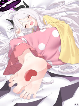 1girl ^_^ absurdres ahoge barefoot bed bed_sheet bilingual_commentary black_horns blue_archive blush buttons cardigan chinese_commentary closed_eyes collared_pajamas commentary_request curled_fingers demon_girl demon_horns demon_wings disembodied_tongue drooling facing_viewer feet foot_focus foot_worship hair_between_eyes halo highres hina_(blue_archive) hina_(pajamas)_(blue_archive) horns laughing legs_together licking licking_foot long_hair long_sleeves low_wings lying mixed-language_commentary mo_moon mouth_drool multiple_horns official_alternate_costume on_bed on_side open_cardigan open_clothes open_mouth pajamas partial_commentary pillow pink_pajamas pixiv_id polka_dot polka_dot_pajamas smile soles solo spread_toes tearing_up tears toes trembling very_long_hair wavy_mouth white_hair wings yellow_cardigan