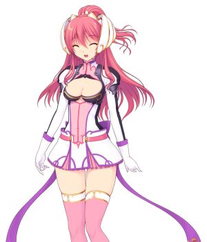 1girl :d ^_^ breasts cleavage cleavage_cutout closed_eyes clothing_cutout dress en_ciel_rena en_ciel_rena_(sin) facing_viewer game_cg gloves hair_ornament kourin_tenshi_en_ciel_rena large_variant_set long_hair long_sleeves medium_breasts non-web_source official_art open_mouth pink_hair pink_thighhighs ponytail red_hair saitou_natsuki short_dress skirt smile solo standing suhamaya thighhighs tomoe_rena transparent_background variant_set white_gloves zettai_ryouiki