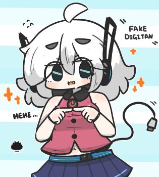 1girl ahoge bare_shoulders cable cable_tail collared_shirt commentary digitan_(porforever) english_commentary english_text fang finger_touching flying_sweatdrops grey_hair hair_between_eyes highres mechanical_tail multicolored_hair navel open_mouth original pink_shirt pleated_skirt purple_skirt sea_urchin shirt short_eyebrows skirt sleeveless sleeveless_shirt solo tail thick_eyebrows two-tone_hair uni_souchou white_hair