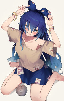 1girl absurdres barefoot blue_eyes blue_hair blush bracelet breasts dice highres jewelry kaminose_(user_veum4325) off_shoulder ribbon simple_background sitting small_breasts smile thighs touhou wariza white_background yorigami_shion