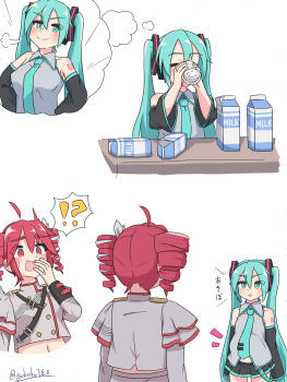 ! 2girls ? ahoge alternate_breast_size bare_shoulders belly belt black_belt black_skirt black_sleeves blue_necktie blush borderless_panels breasts buttons closed_eyes collarbone detached_ahoge detached_sleeves double-breasted drill_hair drink_carton dual_persona flat_chest gokaku180 grey_jacket grey_shirt hair_between_eyes hatsune_miku highres image_in_thought_bubble jacket kasane_teto kasane_teto_(sv) layered_sleeves medium_breasts milk_carton miniskirt multiple_girls navel necktie number_tattoo open_mouth pleated_skirt red_eyes red_tattoo red_thighhighs shirt shoulder_belt shoulder_boards shoulder_tattoo simple_background skirt sleeves_past_fingers sleeves_past_wrists speech_bubble spoken_exclamation_mark spoken_question_mark surprised synthesizer_v table tattoo thighhighs thought_bubble twin_drills twintails upper_body utau vocaloid white_background