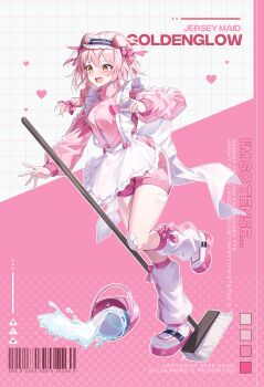 Rule 34 | 1girl, absurdres, alternate costume, apron, arknights, bandaid, bandaid on leg, barcode, black hairband, blush, bow, braid, bucket, bucket of water, character name, color guide, commentary request, enmaided, frilled apron, frilled hairband, frills, gauze on knee, goldenglow (arknights), hair bow, hairband, heart, highres, jacket, jersey maid, long hair, long sleeves, loose socks, maid, mop, open mouth, outline, pink background, pink bow, pink hair, pink jacket, pink shorts, puffy long sleeves, puffy sleeves, shoes, shorts, side braid, socks, solo, spill, ugwa, unconventional maid, waist apron, white apron, white background, white outline, white shoes, white socks, yellow eyes